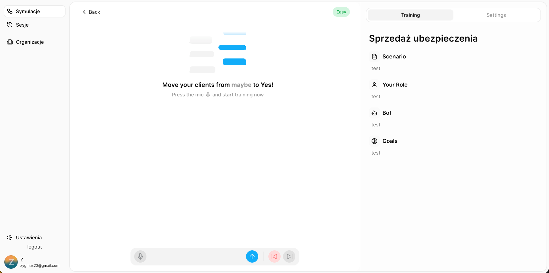 Deal Simulator application interface showing AI-powered conversation practice